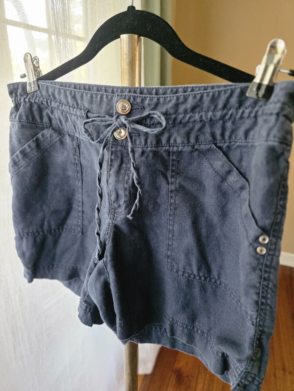 INC Crystal & Drawstring Linen Navy Blue‎ Shorts Comfortable Beachy Vibes
